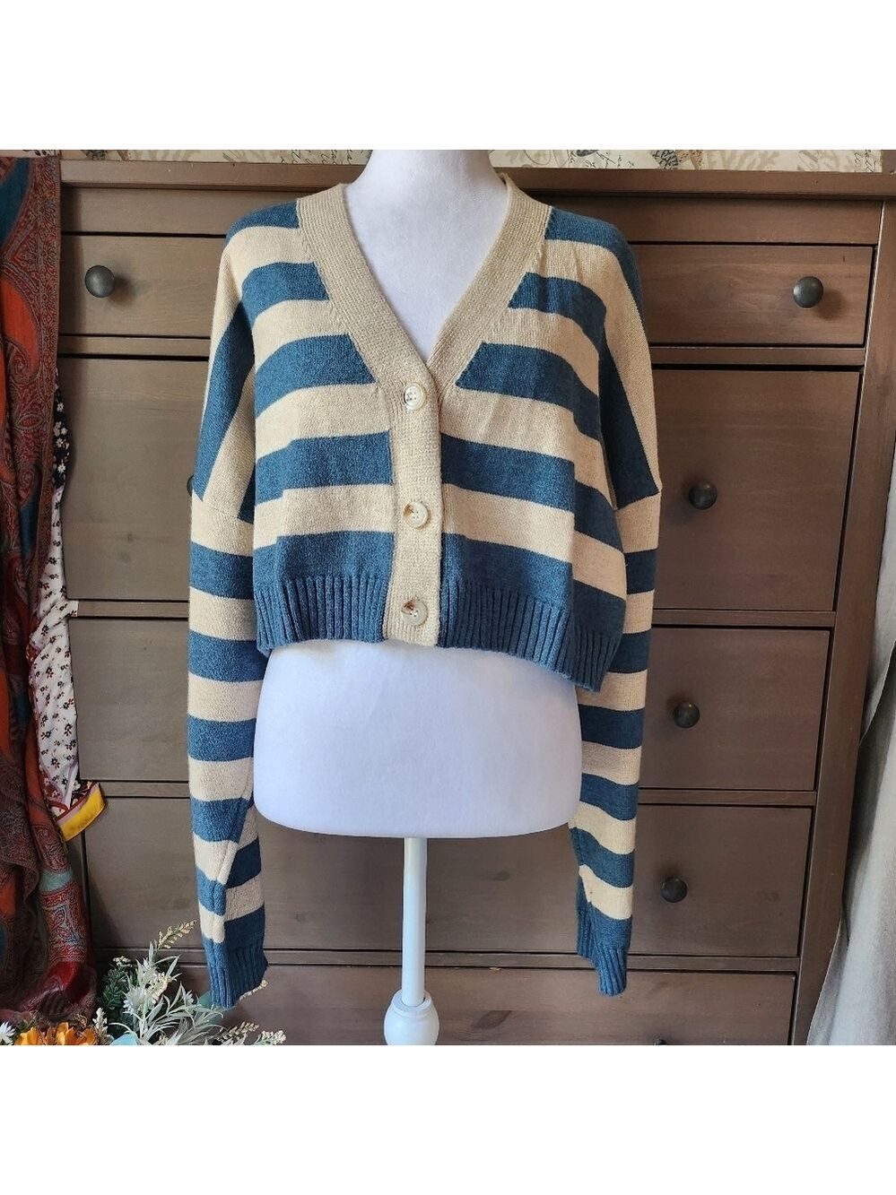 Anthropolgie Mable Striped Teal  and Cream Women's Three Button Cardigan Sweater